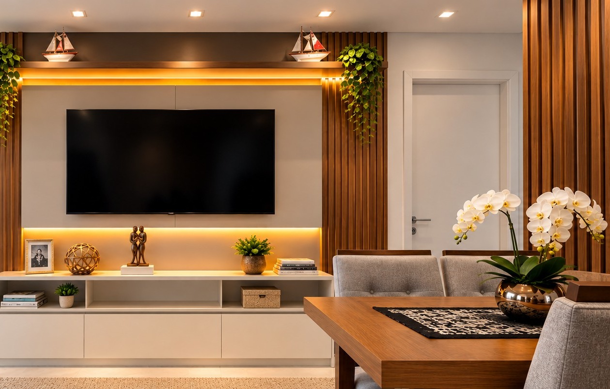 Sala planejada pela Decora com painel de TV e iluminação